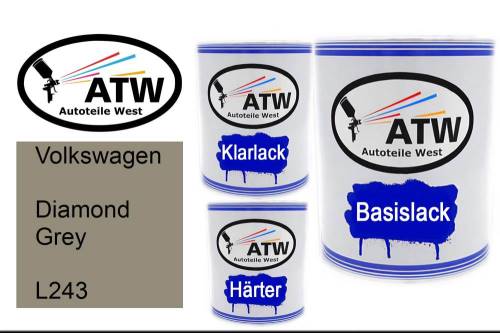 Volkswagen, Diamond Grey, L243: 1L Lackdose + 1L Klarlack + 500ml Härter - Set, von ATW Autoteile West.